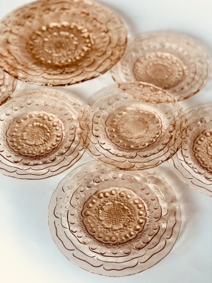 Zestaw deserowy "Flora" rozalinowy, patera plus 6 talerzyków. Huta Ząbkowice.