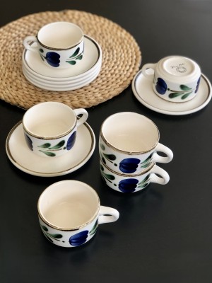 Zestaw filiżanki ze spodkami, kamionka 6 osób, Salins Francja lata 60. XX w.